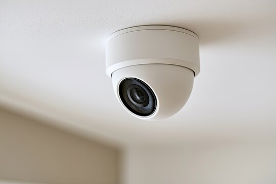 White, dome-shaped security camera mounted discreetly on a plain white ceiling