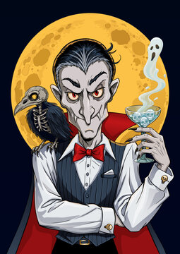 Comic style vampire count Dracula holding a skull cocktail with a skeletal raven on his shoulder under a full moon. Gothic Halloween vector for bar menus party invitations 