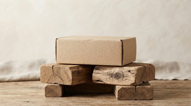 Cardboard box on rustic wooden beams for product display