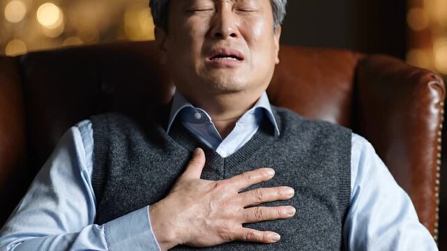 Mature man suffering from sudden chest pain and heart attack symptoms indoors