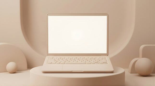 Modern minimalist laptop with blank screen on podium for product display