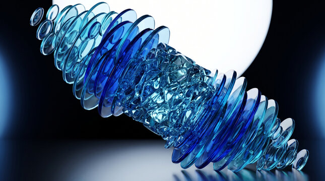 Transparent glass helix sculpture under directional lighting