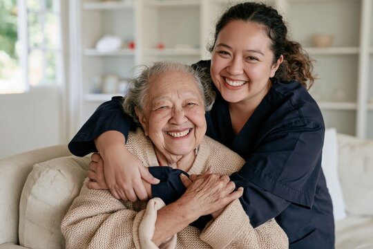 Caregiver embracing a smiling senior woman in a cozy home setting, featuring soft knit textures and a serene mood for aging-in-place campaigns