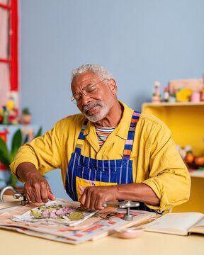 Nature journaling by a senior Black man using a plant press with weathered pages and olive leaves for a slow hobby and precise botanical study