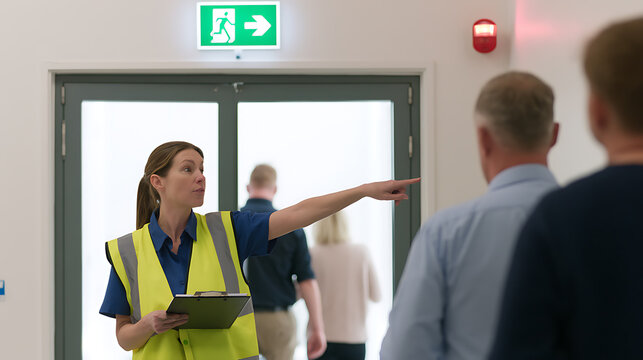 A safety warden in a high visibility vest directs coworkers toward an emergency exit during a fire drill simulation inside an office facility