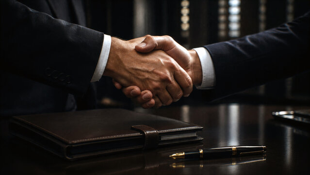 Close-up of two businessmen shaking hands across an office desk, symbolizing agreement, partnership and successful business negotiation