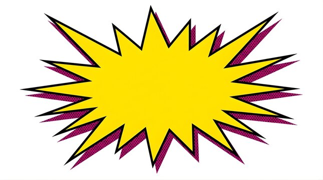 Yellow comic speech bubble with magenta halftone shadow on white background