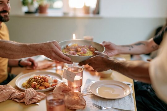Serving bowl being passed across a dining table during a natural family meal, with soft candlelight and tactile linen for hospitality and sharing