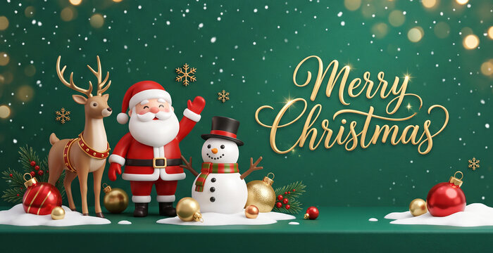 Christmas banner social media cover website header greetings card design with 3d Santa claus with reindeer and snowman characters on green background, merry christmas greeting card for holiday season