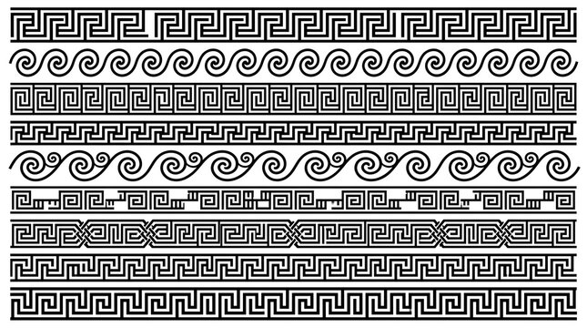 Collection of classic greek meander and scroll border patterns with greek key