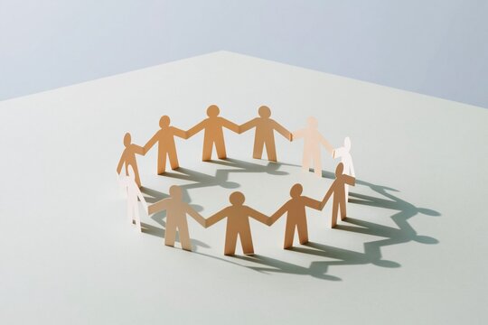 Ring of linked paper people standing on a smooth sage green surface, depicting a diverse and inclusive community for teamwork and support campaigns
