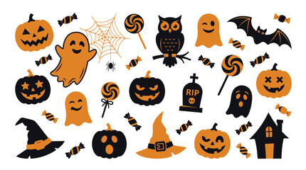 Fototapeta premium Halloween festive vector collection, orange and black pumpkins ghosts bats candy and spooky symbols for holiday decorations, invitations and seasonal designs
