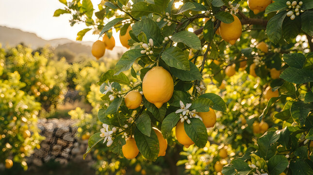 Fresh yellow lemons hanging on a tree branch in a sunny farm orchard