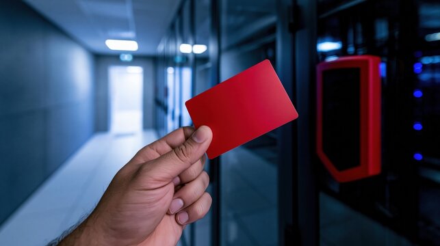 Hand holding a blank red access card near a reader in a server room, featuring smooth plastic textures for security and infrastructure mockups