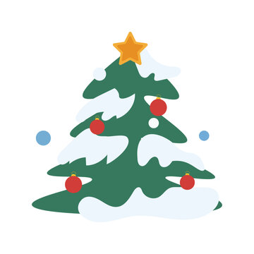 Christmas tree icon with snow, red baubles and star. Winter holidays evergreen fir tree symbol for new year greeting cards and decor. Flat vector illustration isolated on white background.