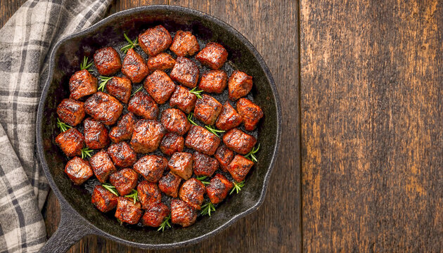 View of savory seared beef cubes in a cast iron skillet with fresh rosemary sprigs on a dark rustic wooden table with a checkered cloth