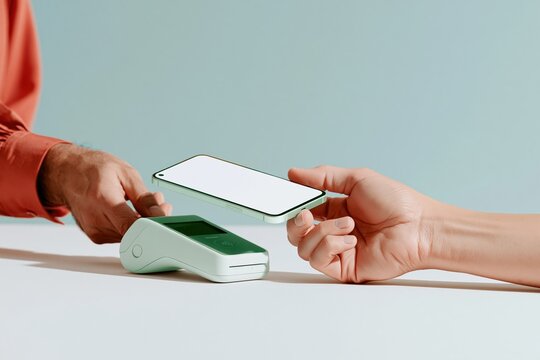 Smartphone with a blank screen mockup hovering over a contactless payment reader on a light counter, featuring copy space for retail advertising