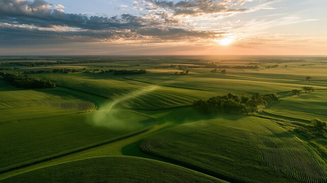 Green rolling agricultural fields at sunrise with dramatic clouds