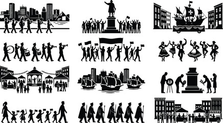 Fototapeta premium Collection of black silhouettes depicting historical public events, parades, city celebrations, and community gatherings in a flat style