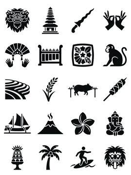Bali Culture Icons Set Indonesian Travel Vector Symbols
