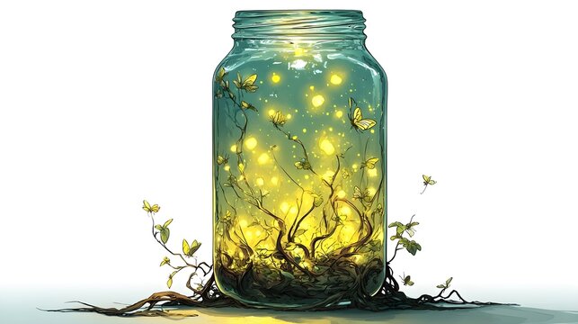 Mason jar with glowing golden lights and twisting roots spilling out