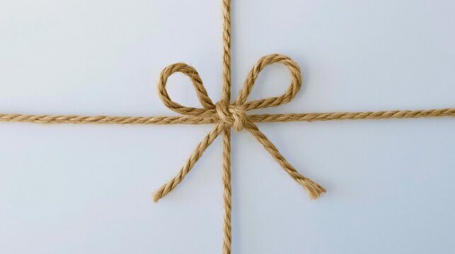Jute twine bow tied on a clean light blue-grey surface, featuring a rough organic texture and minimalist design for sustainable packaging and gift wrap