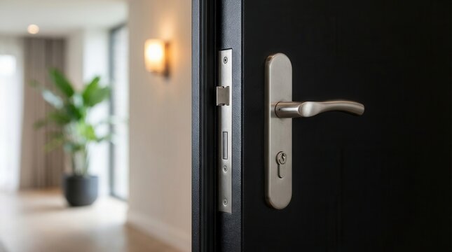 Close up of a modern black armored apartment door ajar with metal handle and mortise lock.