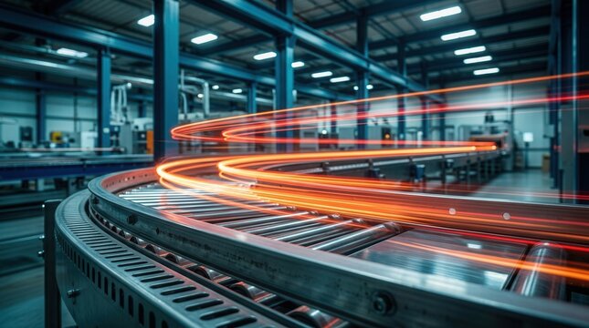 Industrial conveyor belt long exposure photo with illuminated light streaks in a manufacturing facility.