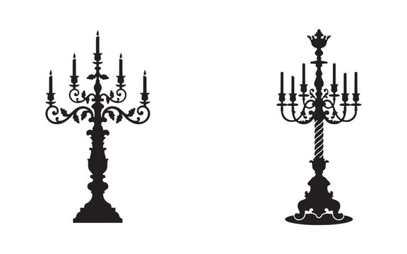 Black silhouette candelabras with multiple candle holders for events and decor.