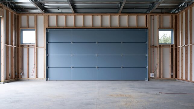 Periwinkle blue sectional garage door in an unfinished residential space with exposed timber studs and concrete floors for renovation and property inspection