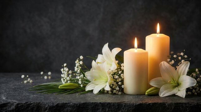 Peaceful floral scene with lit candles, white flowers, and green branches on a dark textured background.