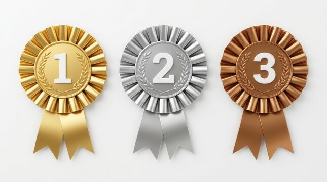 Gold silver and bronze award rosettes with numbers 1 2 3 and ribbons for achievement and victory.