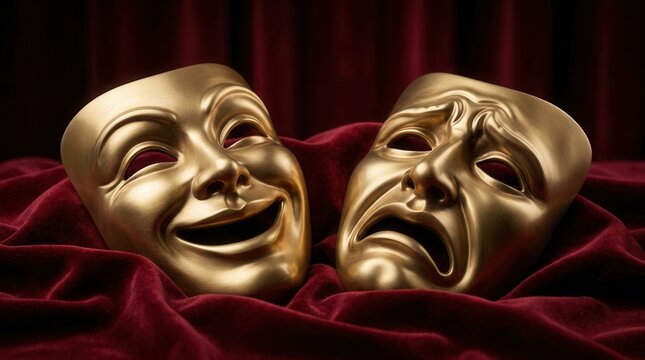 Two gold theatre masks representing comedy and tragedy on a red velvet curtain for drama performance.