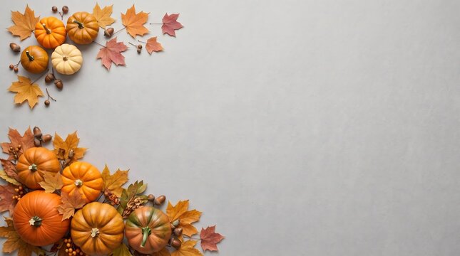 Autumn background with pumpkins and colorful fall leaves arranged in corners on a light gray surface