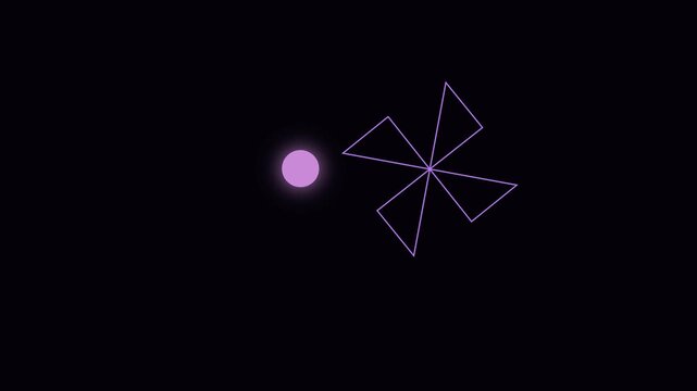 Minimalist purple glowing sphere and geometric windmill animation on 4k black background, motion purple