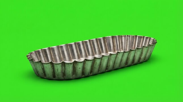 A single oval shaped fluted metal baking mold on a vibrant green background