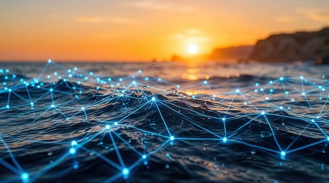 Glowing digital network overlays ocean waves during sunset.