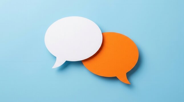 Two blank color paper speech bubbles for your design with white and orange dialogs on blue background.