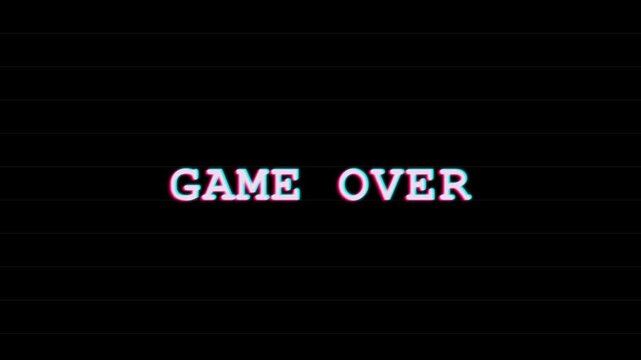 Game over text with a glitch effect animation displaying a retro digital aesthetic that captures the feeling of losing a session in this classic motion clip