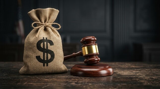 Wooden judge gavel on table beside a money bag with dollar sign representing legal financial penalties.