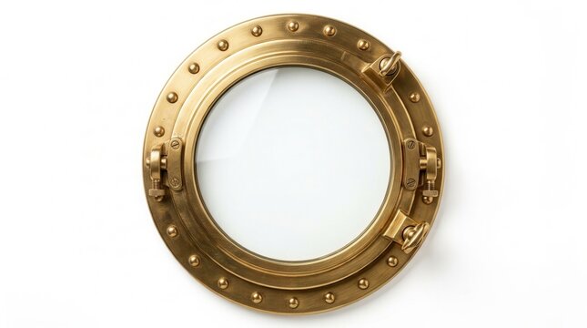 Round brass porthole frame with rivets and latches on white background.