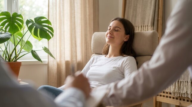 Woman experiencing mental healing through hypnosis during a relaxing therapy session with a professional therapist.