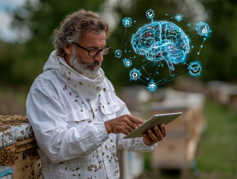 Beekeeper Reviews Hive Health Data on Tablet with AI Technology