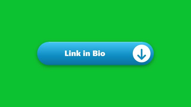 Link in bio button animation featuring a blue glossy interface with downward arrow icon designed for social media profiles in this high quality digital video motion