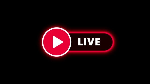 Live broadcast streaming button animation featuring bright red neon glowing effects and bold white text isolated on a clean dark background for digital media video footage
