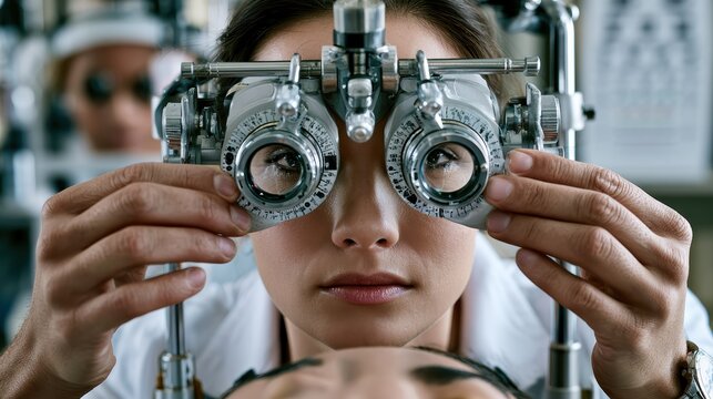 Optometrist Adjusts Phoropter During Eye Examination in Modern Clinical Exam Room