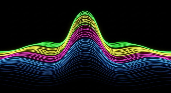Vibrant chromatic waves pulsate across the frame in a rhythmic display of energy showing colorful strands moving through space to create a dynamic visual experience that resonates with pure