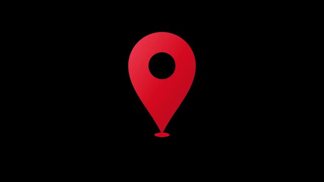 Bright red location pin icon animation isolated on black background pulsing rhythmically to represent geographical navigation and digital map services in this smooth motion video clip