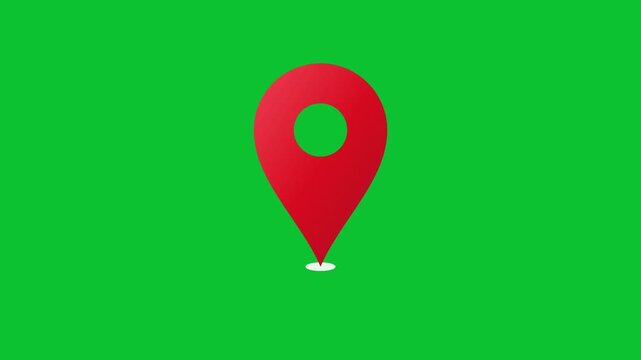 Red location pin marker pulsing on a vibrant green background in this digital animation footage featuring smooth movement for mapping or travel based tracking video project