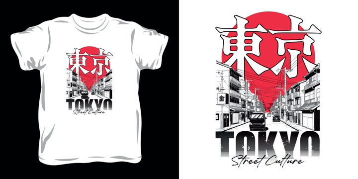 Tokyo street culture t shirt vector design with Japanese cityscape and rising sun